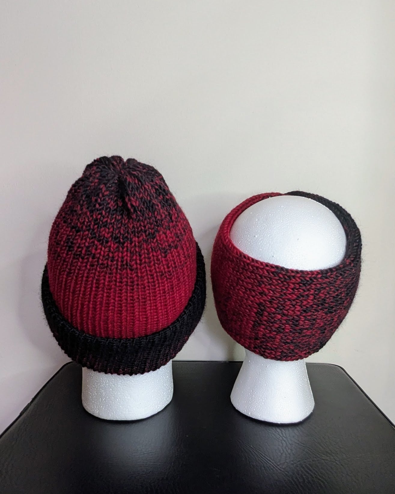 Same Skein Double Knit Hat & Headband Set (Red & Black)