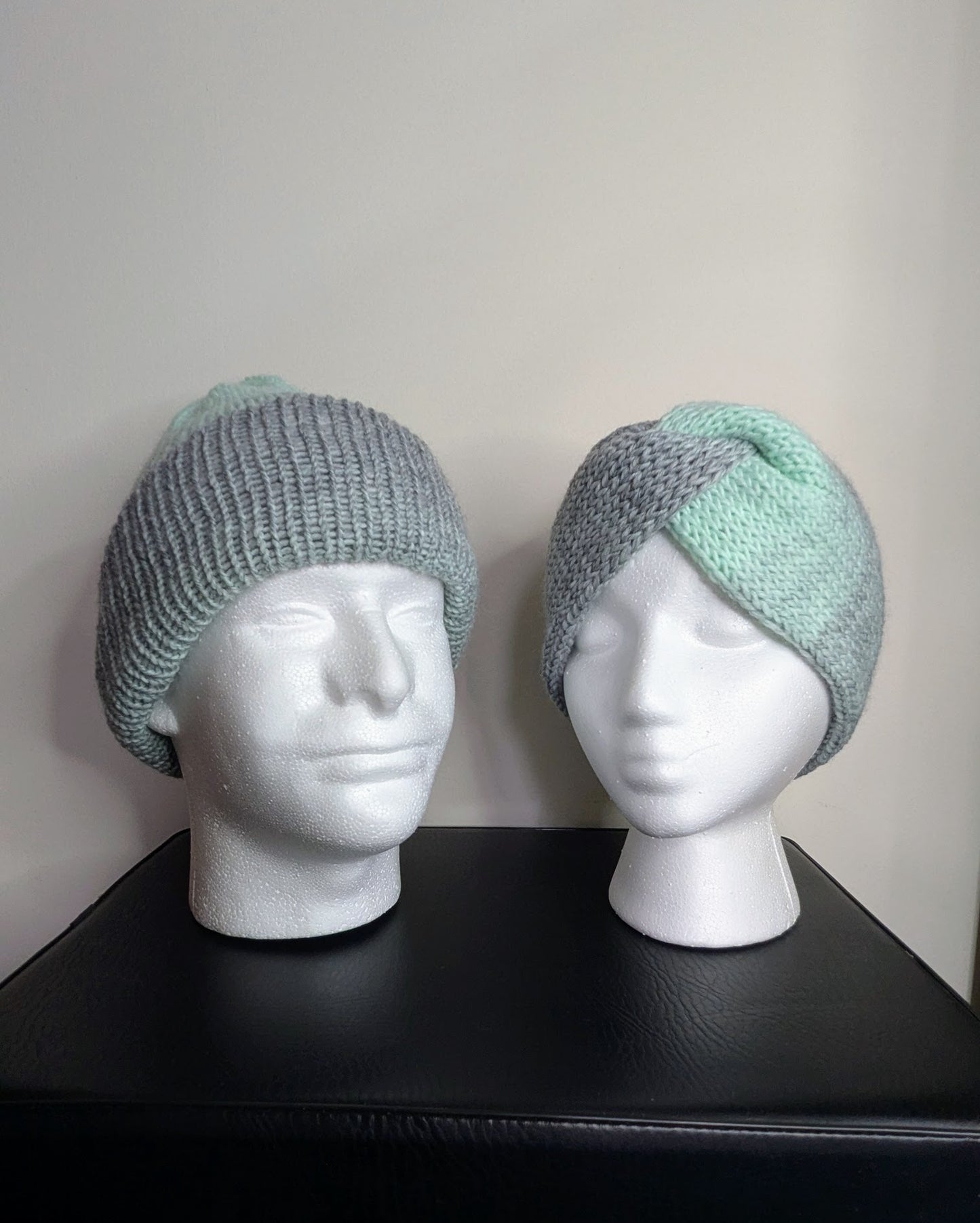 Same Skein Double Knit Hat & Headband Set (Mint & Gray)