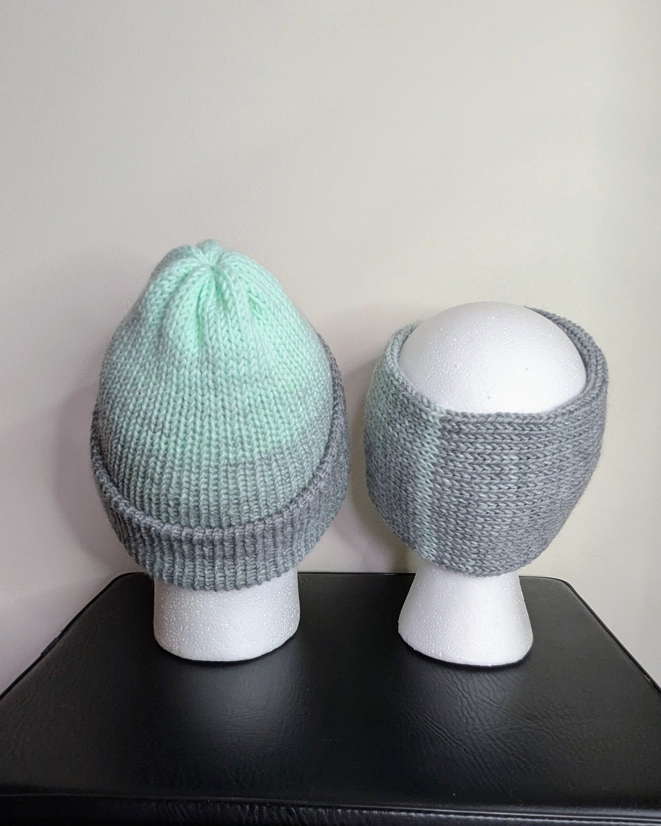 Same Skein Double Knit Hat & Headband Set (Mint & Gray)