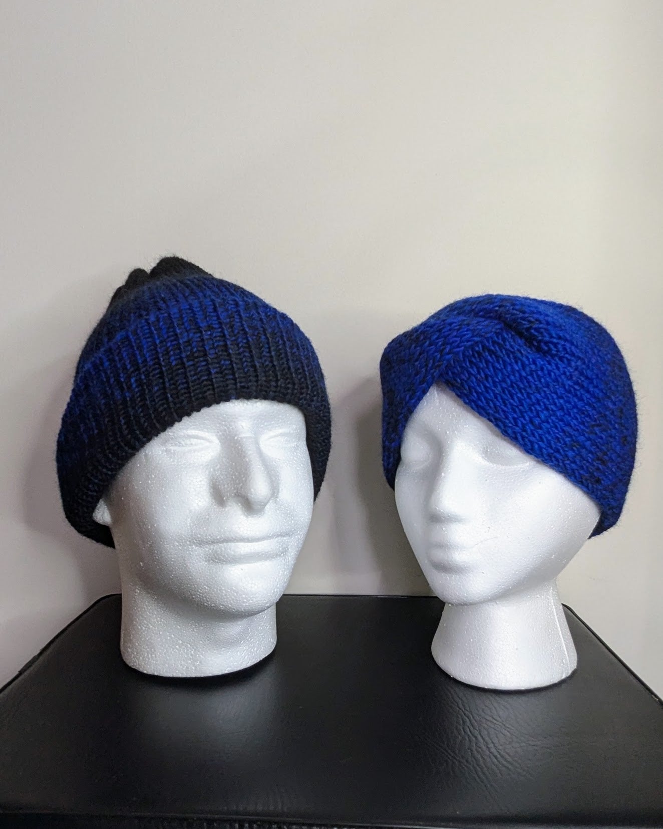 Same Skein Double Knit Hat & Headband Set (Blue & Black)