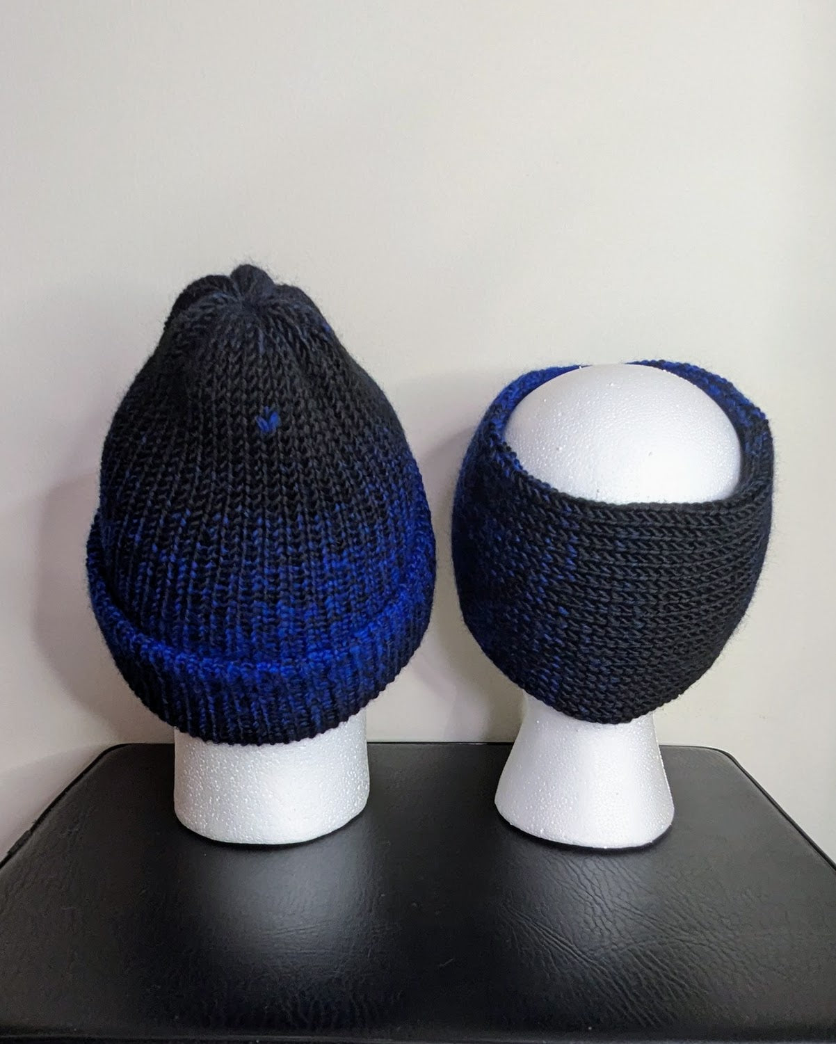 Same Skein Double Knit Hat & Headband Set (Blue & Black)