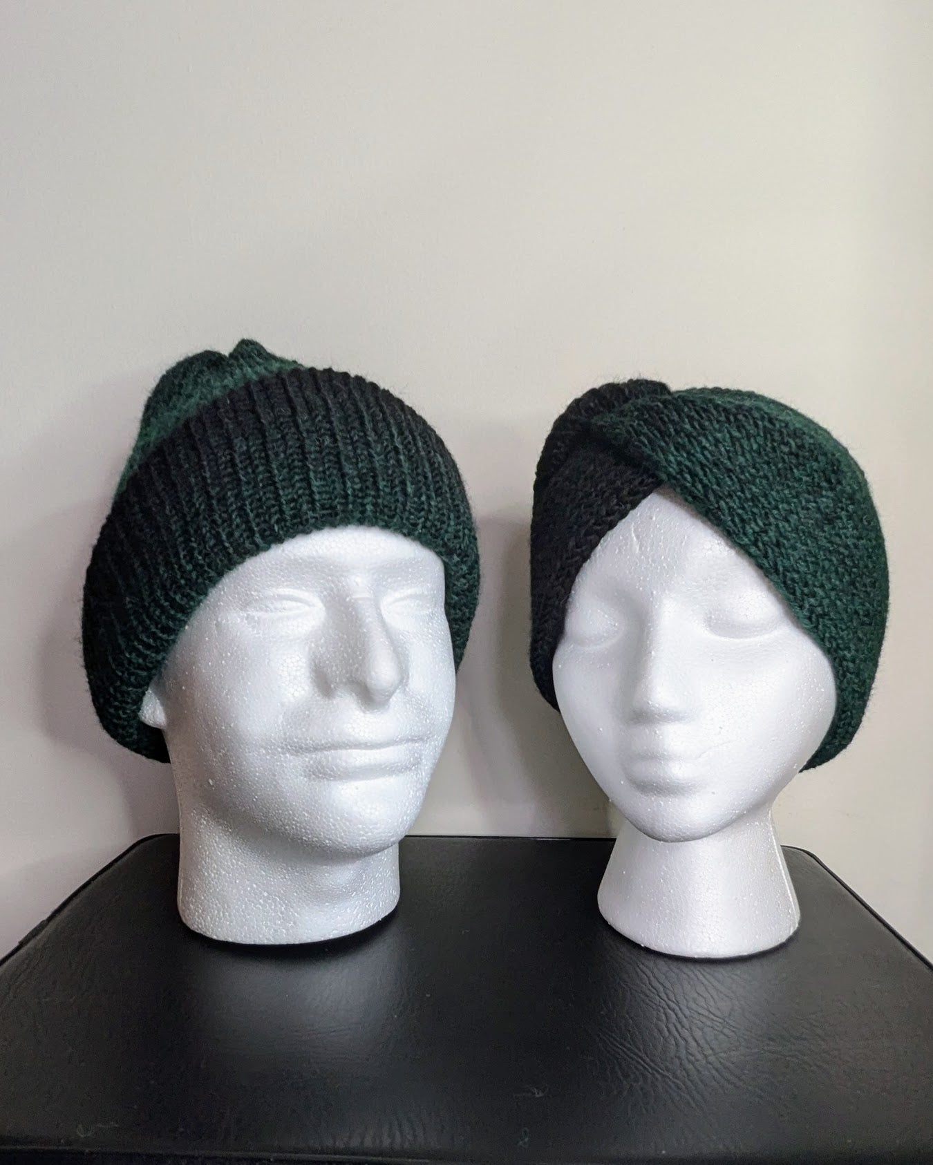 Same Skein Double Knit Hat & Headband Set (Green & Black)