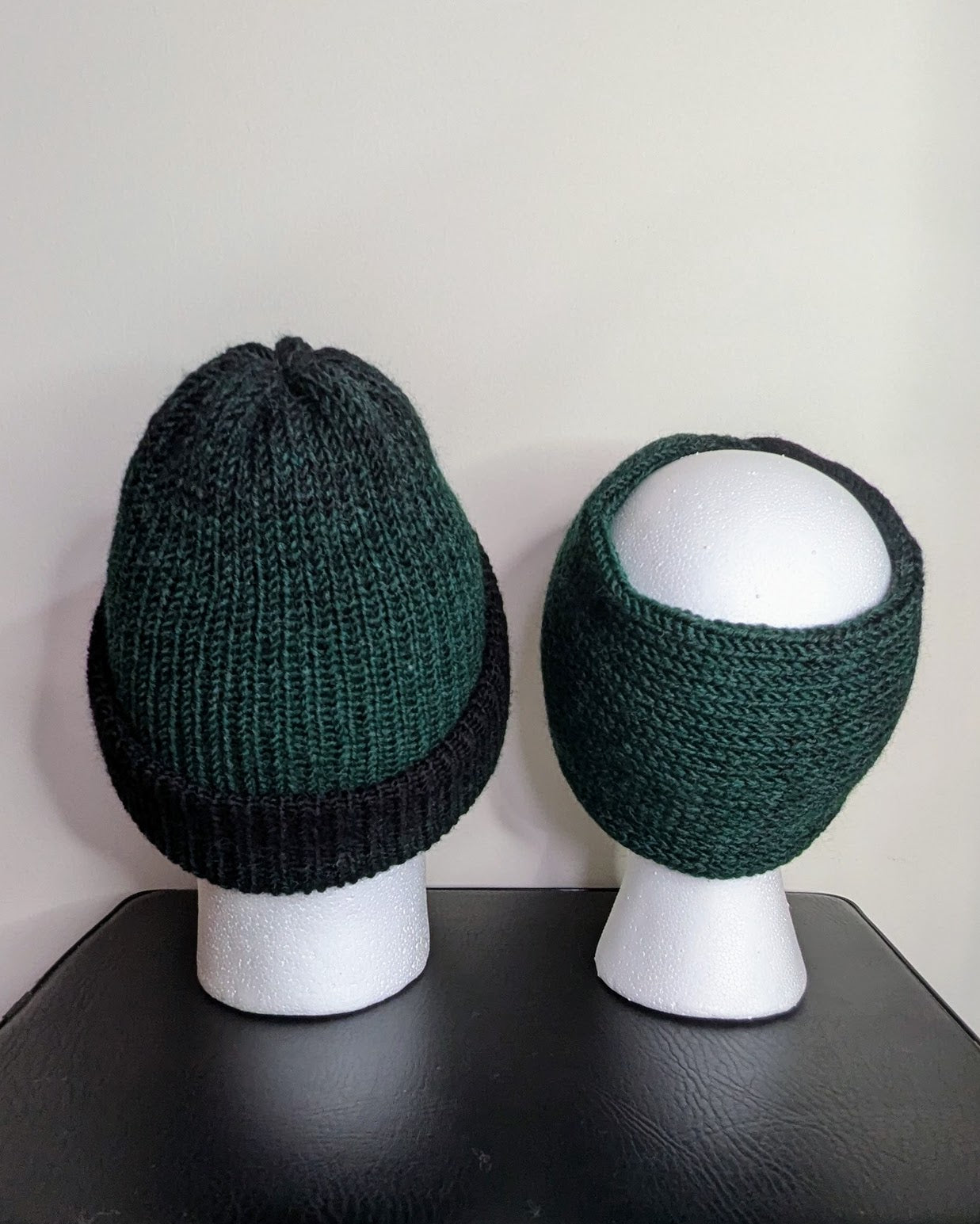 Same Skein Double Knit Hat & Headband Set (Green & Black)