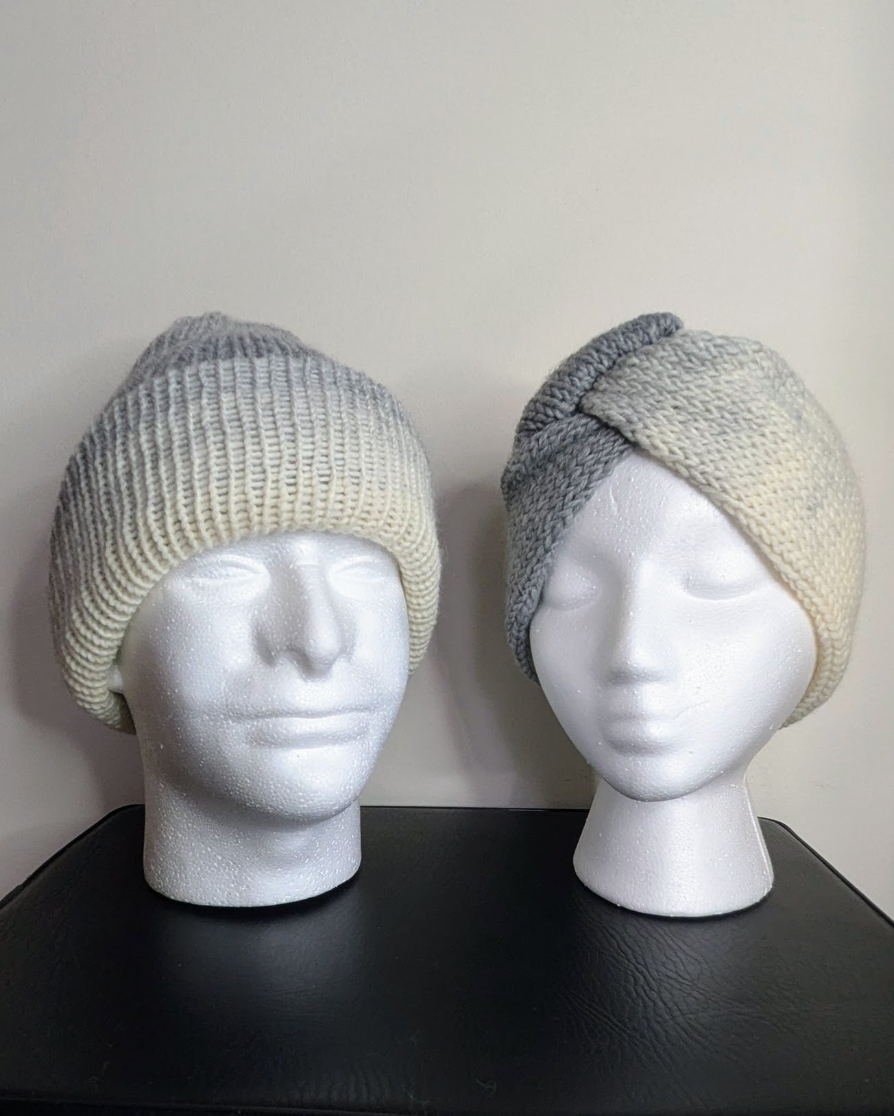 Same Skein Double Knit Hat & Headband Set (Cream & Gray)