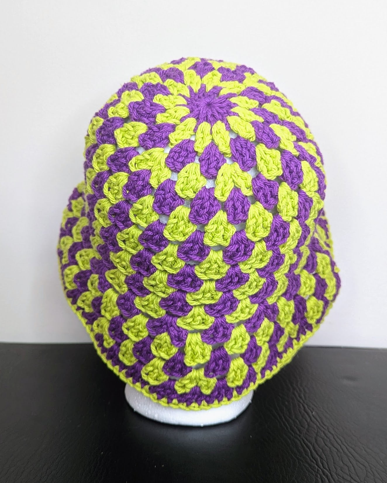 Granny Stitch Crochet Bucket Hat (Black Currant & Lime)