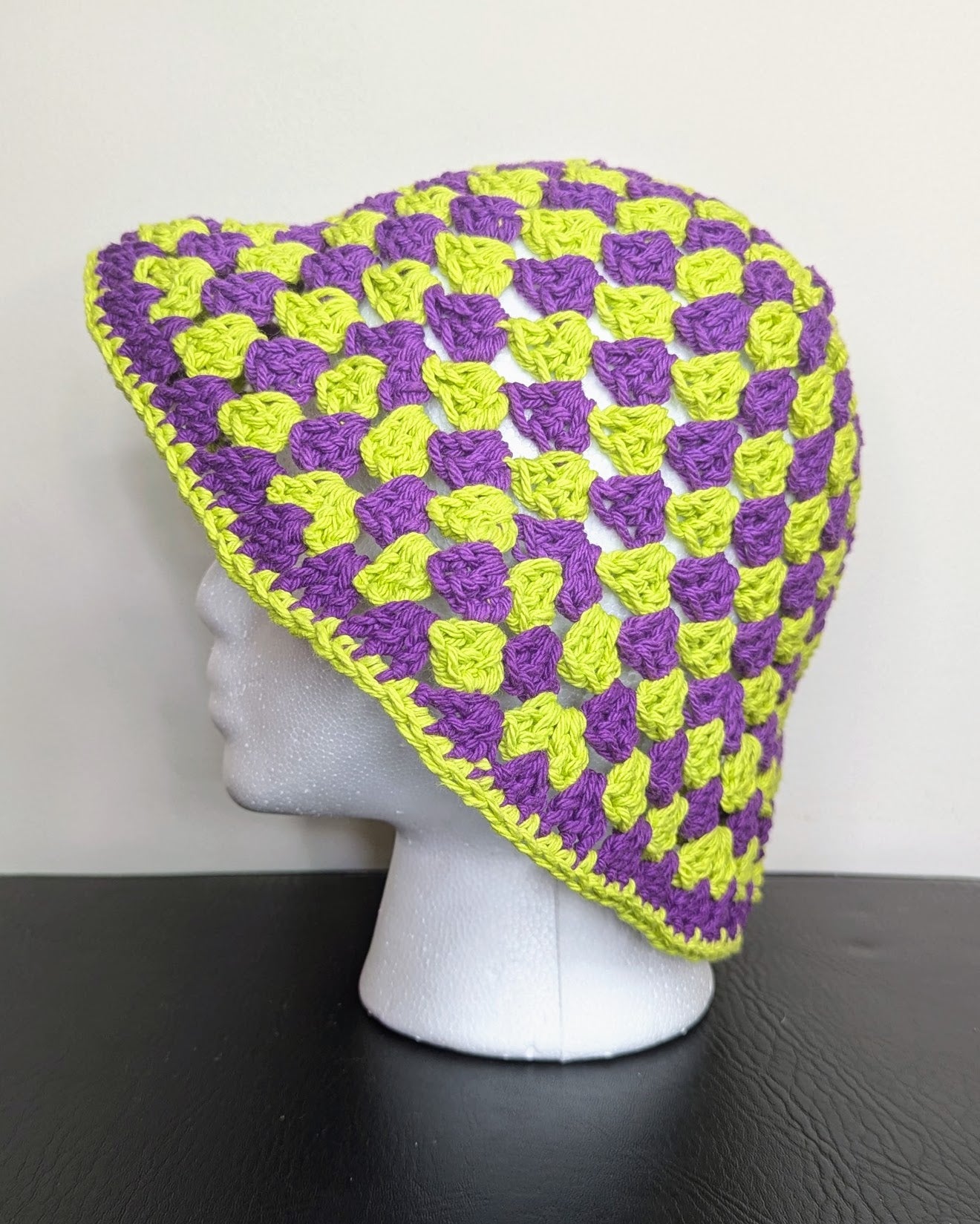 Granny Stitch Crochet Bucket Hat (Black Currant & Lime)