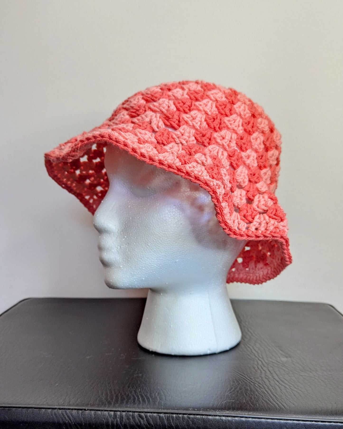 Granny Stitch Crochet Bucket Hat - Double Coral