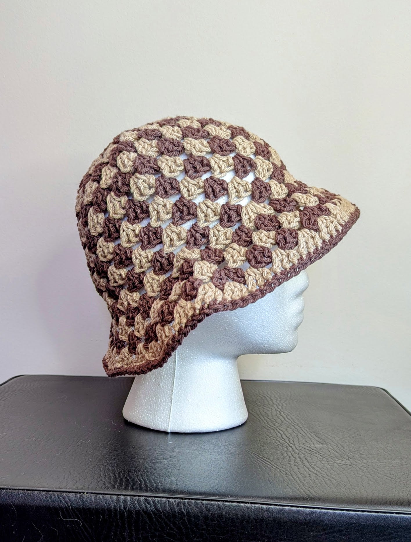 Granny Stitch Crochet Bucket Hat - Brown & Tan