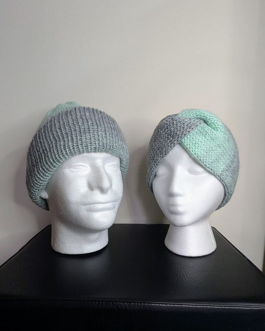 Same Skein Hat & Headband Set (Mint & Gray)