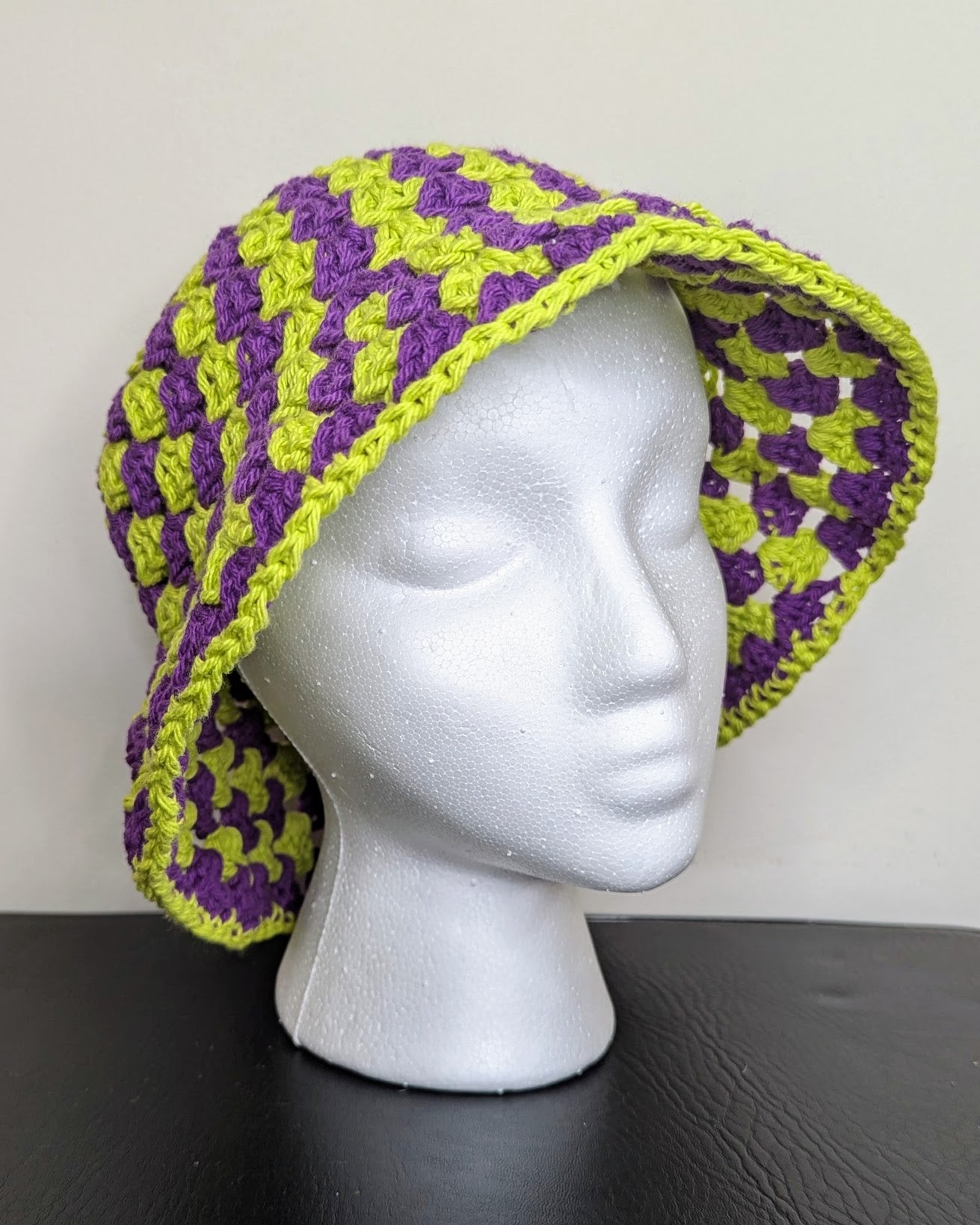 Granny Stitch Crochet Bucket Hat (Black Currant & Lime)