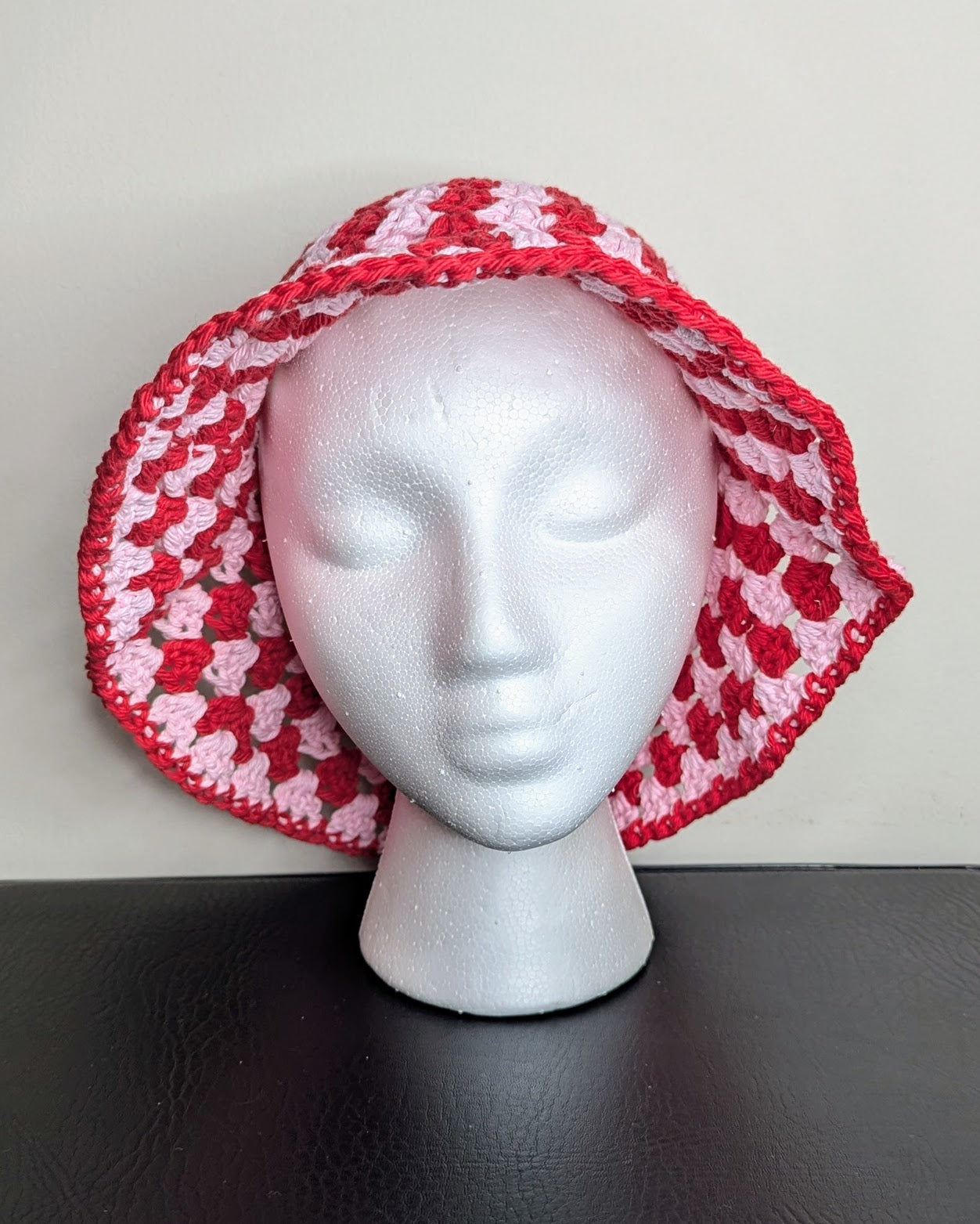 Granny Stitch Crochet Bucket Hat (Pastel Pink & Red)