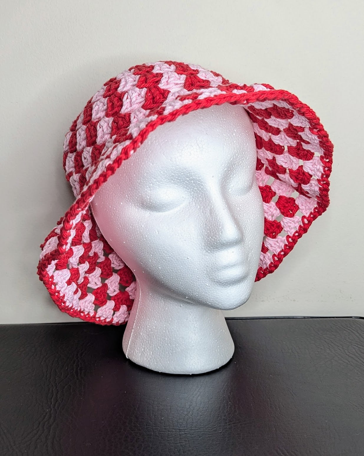 Granny Stitch Crochet Bucket Hat (Pastel Pink & Red)